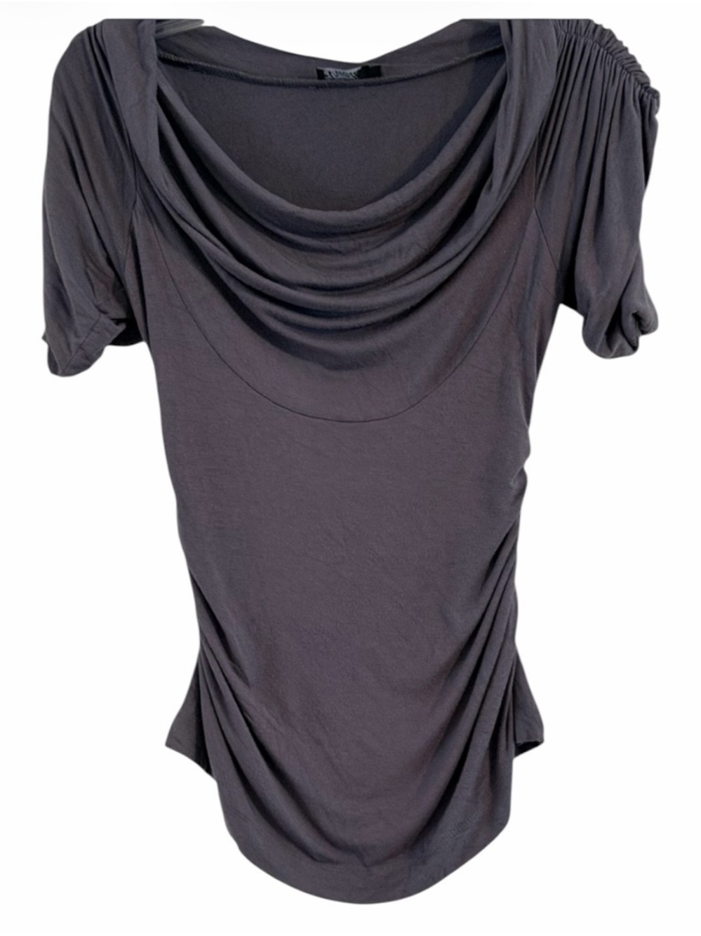 Ariella Charcoal Gray Short Sleeve Draped Cowl Neck Ruched Top Size M